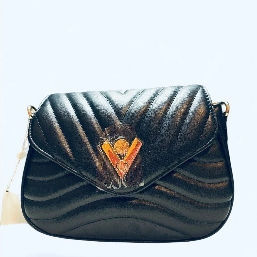 Valentino Orlandi Black‎ Quilted Crossbody Bag with Gold Accent and Coin Wallet